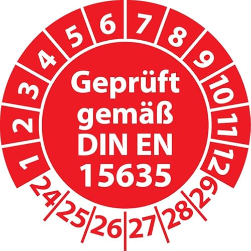 Prüfplakette Geprüft gemäß DIN EN 15635 Lagereinrichtungen, Vinylfolie, Prüfaufkleber, Prüfetikett, Plakette (35 mm Ø, Rot, 100) von Fast-Label