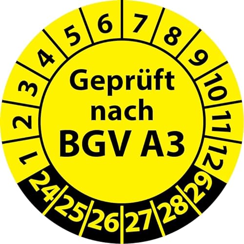 Prüfplakette Geprüft nach BGV A3, Vinylfolie, selbstklebend, Prüfaufkleber, Prüfetikett, Plakette (20 mm Ø, Gelb, 500) von Fast-Label