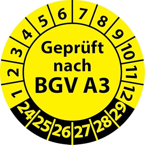 Prüfplakette Geprüft nach BGV A3, Vinylfolie, selbstklebend, Prüfaufkleber, Prüfetikett, Plakette (20 mm Ø, Gelb, 500) von Fast-Label