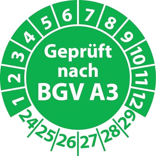 Prüfplakette Geprüft nach BGV A3, Vinylfolie, selbstklebend, Prüfaufkleber, Prüfetikett, Plakette (25 mm Ø, Grün, 500) von Fast-Label