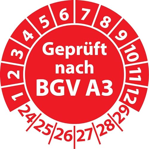 Prüfplakette Geprüft nach BGV A3, Vinylfolie, selbstklebend, Prüfaufkleber, Prüfetikett, Plakette (25 mm Ø, Rot, 100) von Fast-Label