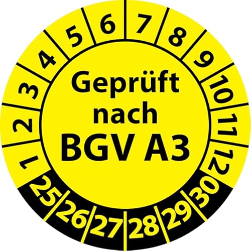 Prüfplakette Geprüft nach BGV A3, Vinylfolie, selbstklebend, Prüfaufkleber, Prüfetikett, Plakette (25 mm Ø, Gelb, 250) von Fast-Label