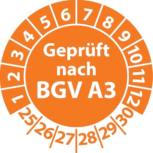 Prüfplakette Geprüft nach BGV A3, Vinylfolie, selbstklebend, Prüfaufkleber, Prüfetikett, Plakette (30 mm Ø, Orange, 100) von Fast-Label