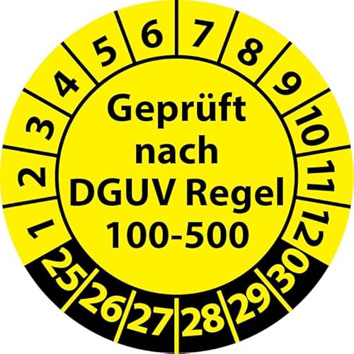 Prüfplakette Geprüft nach DGUV Regel 100-500, Vinylfolie, Prüfaufkleber, Prüfetikett, Plakette (30 mm Ø, Gelb, 100) von Fast-Label