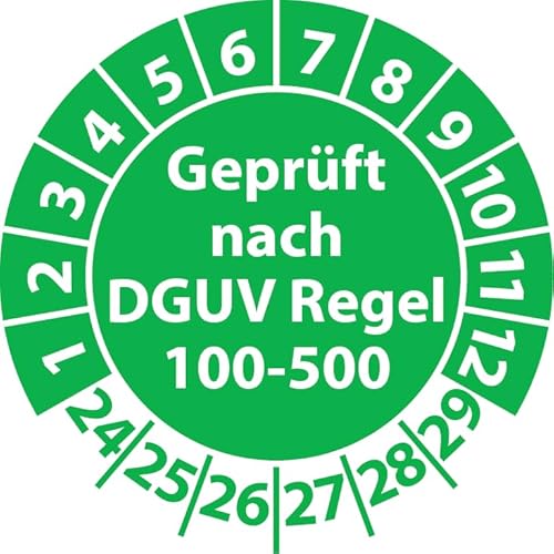 Prüfplakette Geprüft nach DGUV Regel 100-500, Vinylfolie, Prüfaufkleber, Prüfetikett, Plakette (30 mm Ø, Grün, 100) von Fast-Label