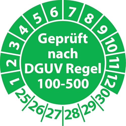 Prüfplakette Geprüft nach DGUV Regel 100-500, Vinylfolie, Prüfaufkleber, Prüfetikett, Plakette (30 mm Ø, Grün, 100) von Fast-Label