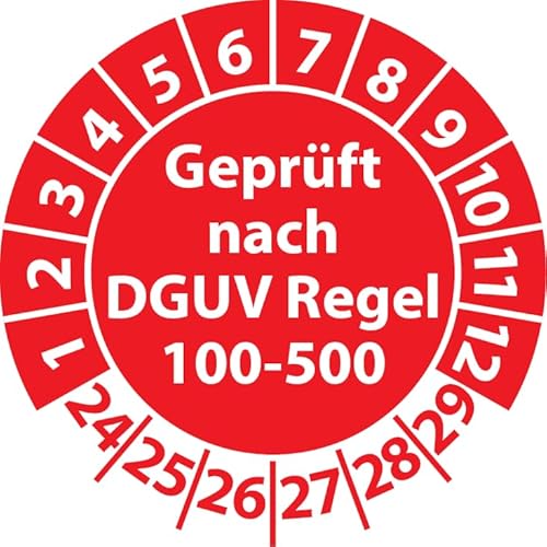 Prüfplakette Geprüft nach DGUV Regel 100-500, Vinylfolie, Prüfaufkleber, Prüfetikett, Plakette (35 mm Ø, Rot, 100) von Fast-Label
