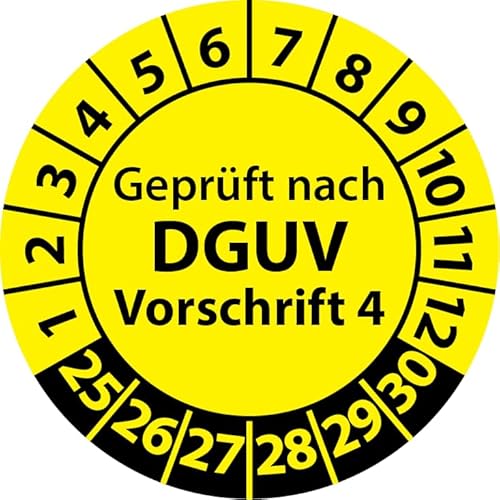 Prüfplakette Geprüft nach DGUV Vorschrift 4, selbstklebend, Prüfaufkleber, Prüfetikett, Plakette DGUV V4 (20 mm Ø, Gelb, 500) von Fast-Label