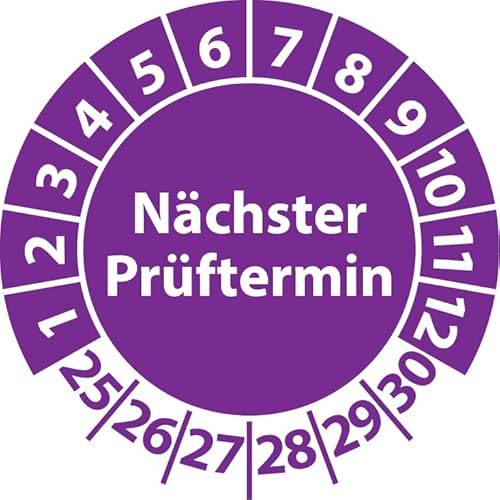 Prüfplakette Nächster Prüftermin, Vinylfolie, selbstklebend, Prüfaufkleber, Prüfetikett, Plakette (20 mm Ø, Violett, 500) von Fast-Label