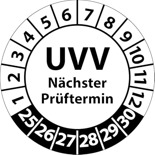 Prüfplakette UVV Nächster Prüftermin, Vinylfolie, Prüfaufkleber, Prüfetikett, Plakette UVV-Prüfung (20 mm Ø, Weiß, 100) von Fast-Label