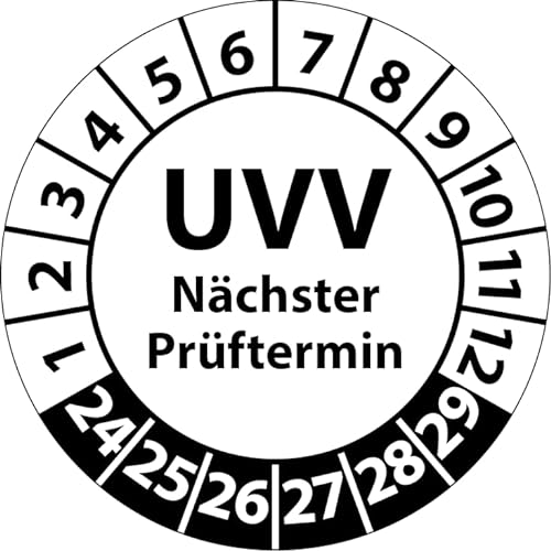 Prüfplakette UVV Nächster Prüftermin, Vinylfolie, Prüfaufkleber, Prüfetikett, Plakette UVV-Prüfung (20 mm Ø, Weiß, 500) von Fast-Label