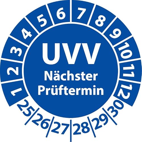 Prüfplakette UVV Nächster Prüftermin, Vinylfolie, Prüfaufkleber, Prüfetikett, Plakette UVV-Prüfung (20 mm Ø, Blau, 100) von Fast-Label