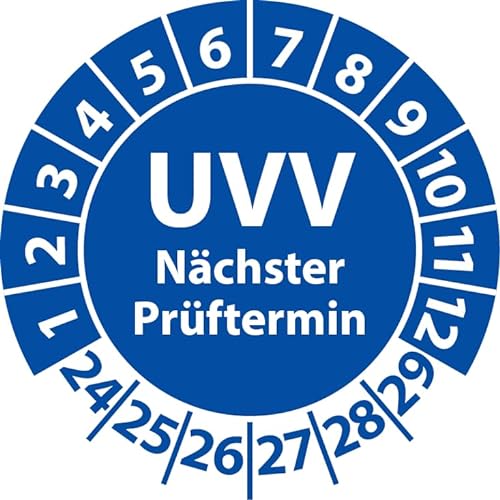 Prüfplakette UVV Nächster Prüftermin, Vinylfolie, Prüfaufkleber, Prüfetikett, Plakette UVV-Prüfung (20 mm Ø, Blau, 500) von Fast-Label