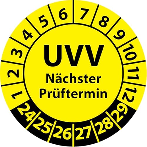 Prüfplakette UVV Nächster Prüftermin, Vinylfolie, Prüfaufkleber, Prüfetikett, Plakette UVV-Prüfung (20 mm Ø, Gelb, 250) von Fast-Label