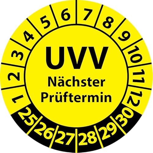 Prüfplakette UVV Nächster Prüftermin, Vinylfolie, Prüfaufkleber, Prüfetikett, Plakette UVV-Prüfung (20 mm Ø, Gelb, 250) von Fast-Label