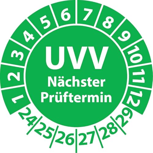 Prüfplakette UVV Nächster Prüftermin, Vinylfolie, Prüfaufkleber, Prüfetikett, Plakette UVV-Prüfung (20 mm Ø, Grün, 100) von Fast-Label