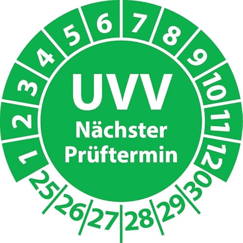 Prüfplakette UVV Nächster Prüftermin, Vinylfolie, Prüfaufkleber, Prüfetikett, Plakette UVV-Prüfung (20 mm Ø, Grün, 100) von Fast-Label