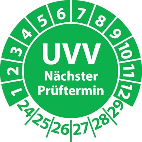 Prüfplakette UVV Nächster Prüftermin, Vinylfolie, Prüfaufkleber, Prüfetikett, Plakette UVV-Prüfung (20 mm Ø, Grün, 100) von Fast-Label