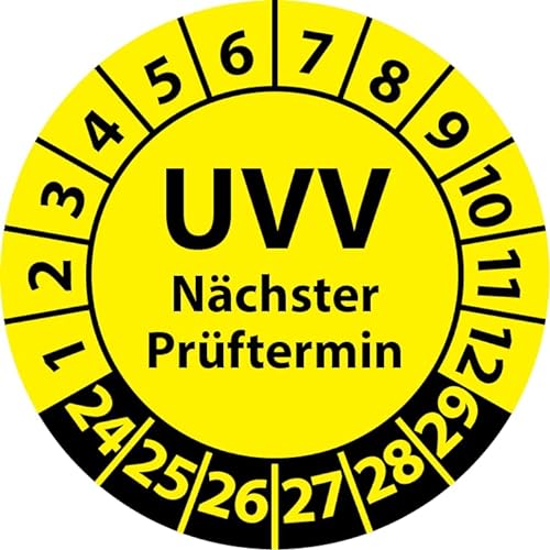 Prüfplakette UVV Nächster Prüftermin, Vinylfolie, Prüfaufkleber, Prüfetikett, Plakette UVV-Prüfung (25 mm Ø, Gelb, 100) von Fast-Label