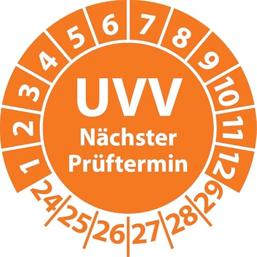 Prüfplakette UVV Nächster Prüftermin, Vinylfolie, Prüfaufkleber, Prüfetikett, Plakette UVV-Prüfung (30 mm Ø, Orange, 250) von Fast-Label