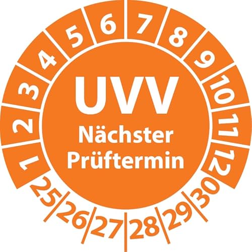 Prüfplakette UVV Nächster Prüftermin, Vinylfolie, Prüfaufkleber, Prüfetikett, Plakette UVV-Prüfung (30 mm Ø, Orange, 250) von Fast-Label