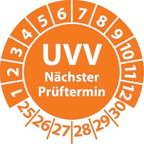 Prüfplakette UVV Nächster Prüftermin, Vinylfolie, Prüfaufkleber, Prüfetikett, Plakette UVV-Prüfung (30 mm Ø, Orange, 250) von Fast-Label