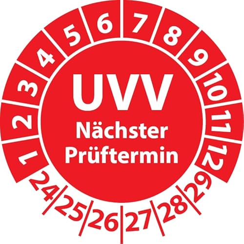 Prüfplakette UVV Nächster Prüftermin, Vinylfolie, Prüfaufkleber, Prüfetikett, Plakette UVV-Prüfung (30 mm Ø, Rot, 100) von Fast-Label