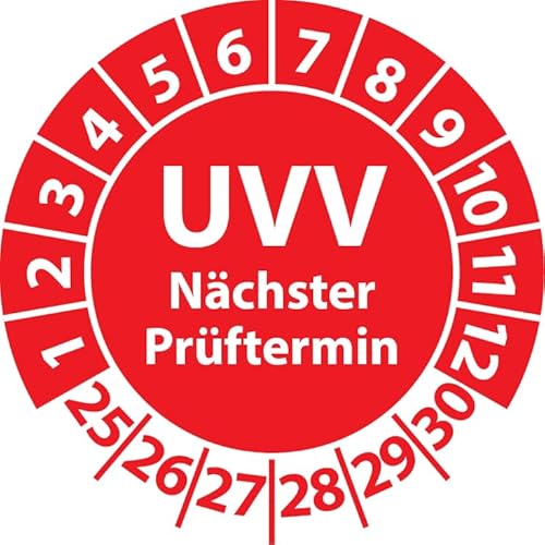 Prüfplakette UVV Nächster Prüftermin, Vinylfolie, Prüfaufkleber, Prüfetikett, Plakette UVV-Prüfung (30 mm Ø, Rot, 100) von Fast-Label