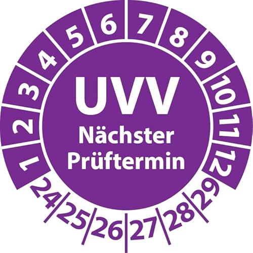 Prüfplakette UVV Nächster Prüftermin, Vinylfolie, Prüfaufkleber, Prüfetikett, Plakette UVV-Prüfung (30 mm Ø, Violett, 250) von Fast-Label