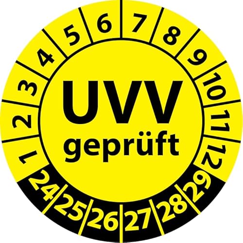 Prüfplakette UVV geprüft, Vinylfolie, Prüfaufkleber, Prüfetikett, Plakette Unfallverhütungsvorschrift (20 mm Ø, Gelb, 500) von Fast-Label