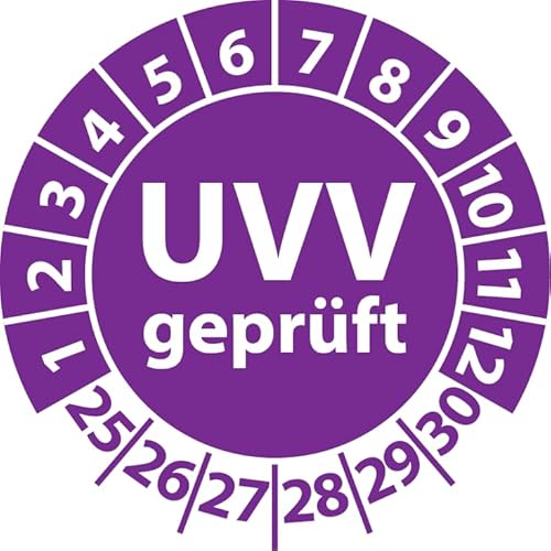 Prüfplakette UVV geprüft, Vinylfolie, Prüfaufkleber, Prüfetikett, Plakette Unfallverhütungsvorschrift (25 mm Ø, Violett, 500) von Fast-Label