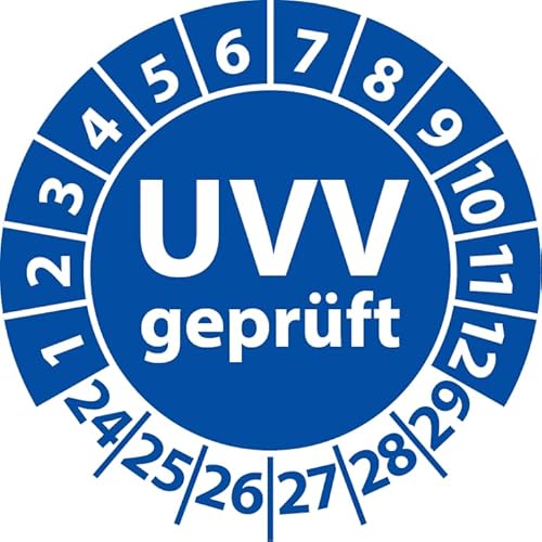 Prüfplakette UVV geprüft, Vinylfolie, Prüfaufkleber, Prüfetikett, Plakette Unfallverhütungsvorschrift (25 mm Ø, Blau, 500) von Fast-Label