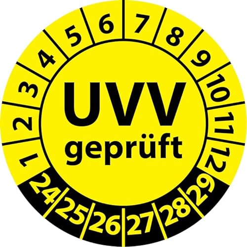 Prüfplakette UVV geprüft, Vinylfolie, Prüfaufkleber, Prüfetikett, Plakette Unfallverhütungsvorschrift (25 mm Ø, Gelb, 250) von Fast-Label