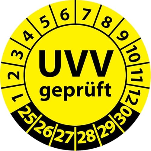 Prüfplakette UVV geprüft, Vinylfolie, Prüfaufkleber, Prüfetikett, Plakette Unfallverhütungsvorschrift (25 mm Ø, Gelb, 250) von Fast-Label