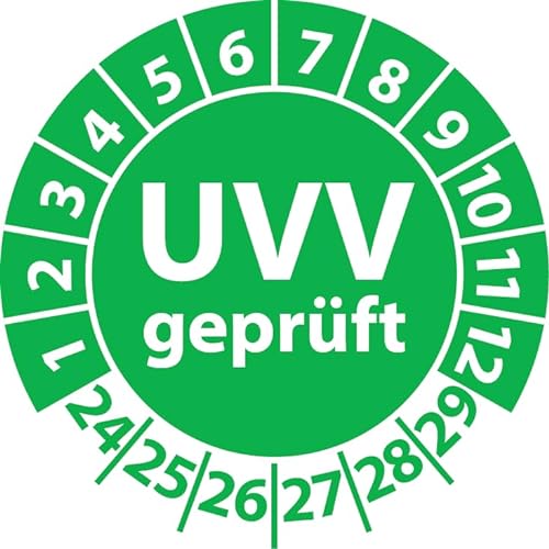 Prüfplakette UVV geprüft, Vinylfolie, Prüfaufkleber, Prüfetikett, Plakette Unfallverhütungsvorschrift (25 mm Ø, Grün, 500) von Fast-Label