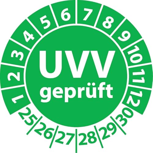 Prüfplakette UVV geprüft, Vinylfolie, Prüfaufkleber, Prüfetikett, Plakette Unfallverhütungsvorschrift (30 mm Ø, Grün, 100) von Fast-Label