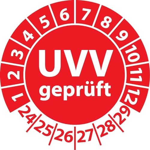 Prüfplakette UVV geprüft, Vinylfolie, Prüfaufkleber, Prüfetikett, Plakette Unfallverhütungsvorschrift (30 mm Ø, Rot, 100) von Fast-Label