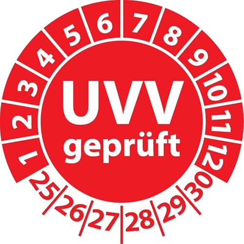 Prüfplakette UVV geprüft, Vinylfolie, Prüfaufkleber, Prüfetikett, Plakette Unfallverhütungsvorschrift (30 mm Ø, Rot, 100) von Fast-Label