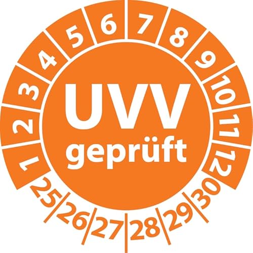 Prüfplakette UVV geprüft, Vinylfolie, Prüfaufkleber, Prüfetikett, Plakette Unfallverhütungsvorschrift (35 mm Ø, Orange, 100) von Fast-Label