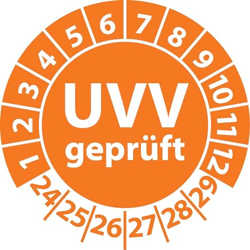 Prüfplakette UVV geprüft, Vinylfolie, Prüfaufkleber, Prüfetikett, Plakette Unfallverhütungsvorschrift (35 mm Ø, Orange, 100) von Fast-Label