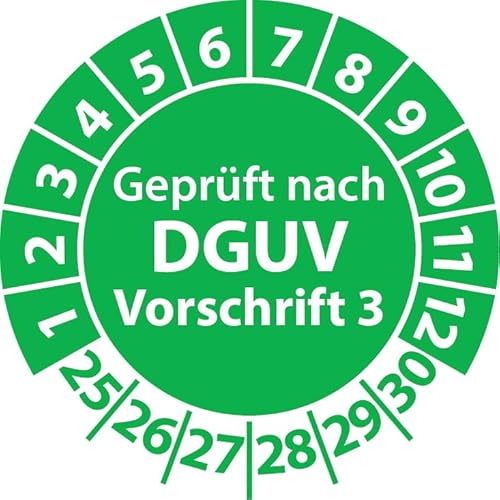 Prüfplaketten Geprüft nach DGUV Vorschrift 3, Vinylfolie, Prüfaufkleber, Prüfetiketten, Plaketten DGUV V3 (20 mm Ø, Grün, 250) von Fast-Label