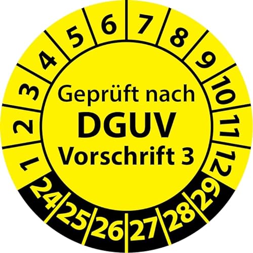 Prüfplaketten Geprüft nach DGUV Vorschrift 3, Vinylfolie, Prüfaufkleber, Prüfetiketten, Plaketten DGUV V3 (20 mm Ø, Gelb, 100) von Fast-Label