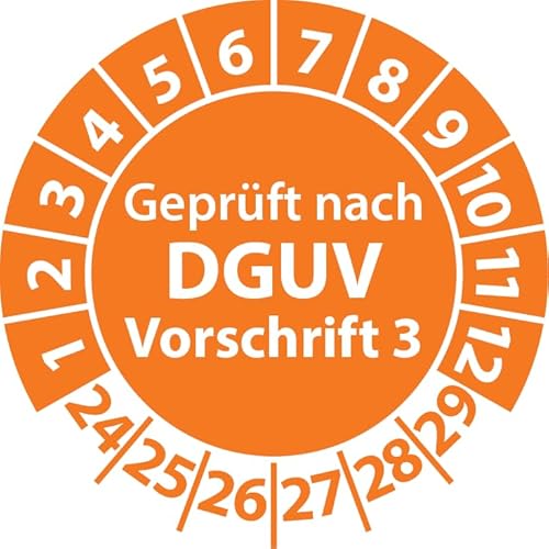 Prüfplaketten Geprüft nach DGUV Vorschrift 3, Vinylfolie, Prüfaufkleber, Prüfetiketten, Plaketten DGUV V3 (20 mm Ø, Orange, 500) von Fast-Label