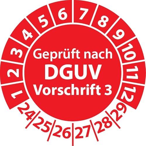 Prüfplaketten Geprüft nach DGUV Vorschrift 3, Vinylfolie, Prüfaufkleber, Prüfetiketten, Plaketten DGUV V3 (20 mm Ø, Rot, 100) von Fast-Label