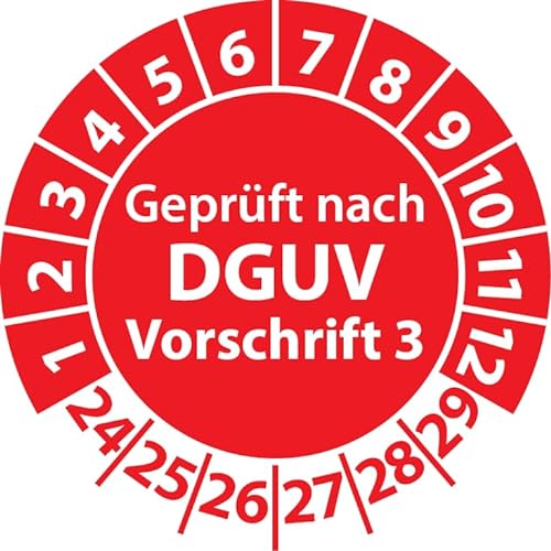 Prüfplaketten Geprüft nach DGUV Vorschrift 3, Vinylfolie, Prüfaufkleber, Prüfetiketten, Plaketten DGUV V3 (20 mm Ø, Rot, 100) von Fast-Label