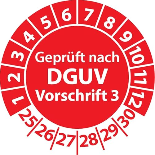 Prüfplaketten Geprüft nach DGUV Vorschrift 3, Vinylfolie, Prüfaufkleber, Prüfetiketten, Plaketten DGUV V3 (20 mm Ø, Rot, 100) von Fast-Label