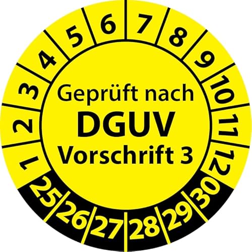 Prüfplaketten Geprüft nach DGUV Vorschrift 3, Vinylfolie, Prüfaufkleber, Prüfetiketten, Plaketten DGUV V3 (25 mm Ø, Gelb, 500) von Fast-Label