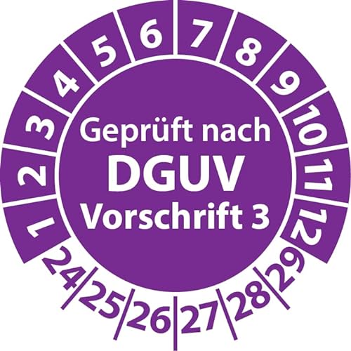 Prüfplaketten Geprüft nach DGUV Vorschrift 3, Vinylfolie, Prüfaufkleber, Prüfetiketten, Plaketten DGUV V3 (25 mm Ø, Violett, 500) von Fast-Label