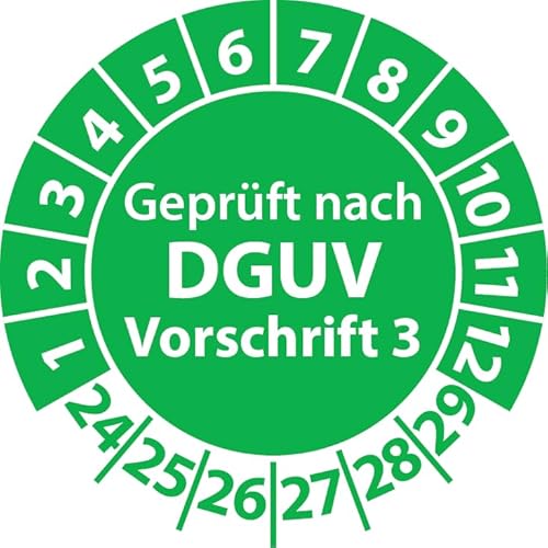 Prüfplaketten Geprüft nach DGUV Vorschrift 3, Vinylfolie, Prüfaufkleber, Prüfetiketten, Plaketten DGUV V3 (30 mm Ø, Grün, 500) von Fast-Label
