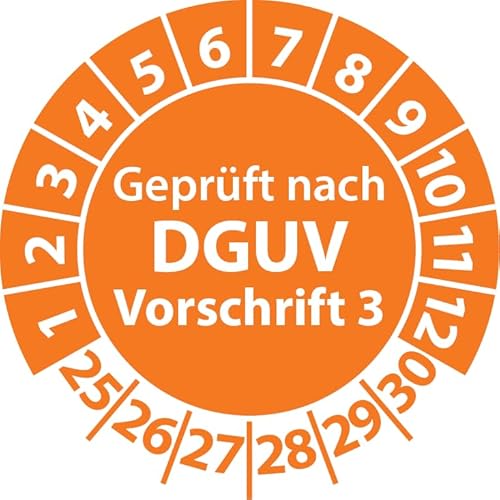 Prüfplaketten Geprüft nach DGUV Vorschrift 3, Vinylfolie, Prüfaufkleber, Prüfetiketten, Plaketten DGUV V3 (30 mm Ø, Orange, 100) von Fast-Label